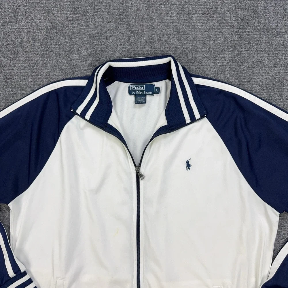 VTG Polo Ralph Lauren Track Jacket Mens L White Navy Full Zip Striped Colorblock